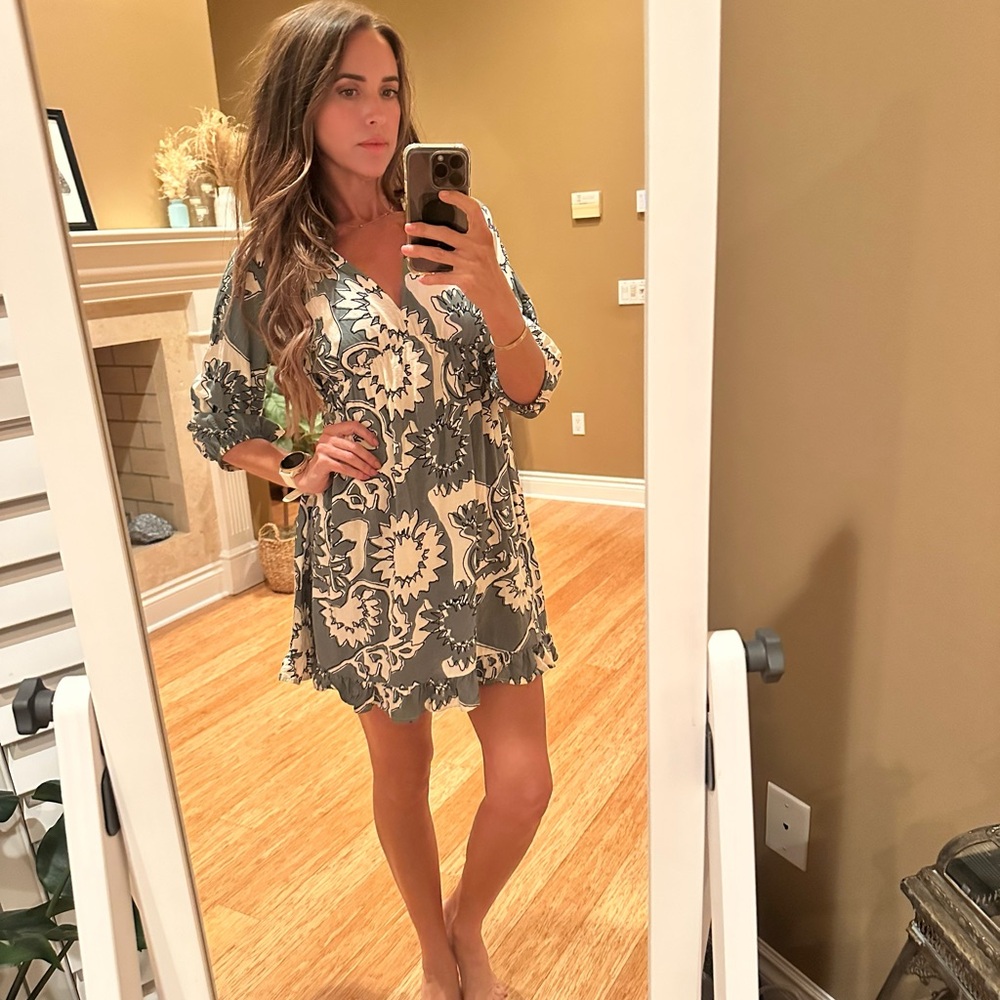 ba&sh Green and White Floral Mini Dress